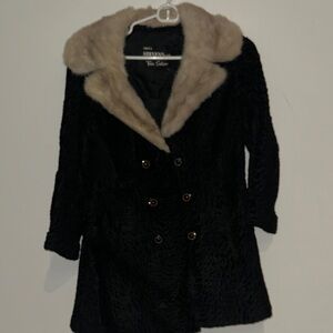 Vintage black fur coat jacket style with light mink collar size small.